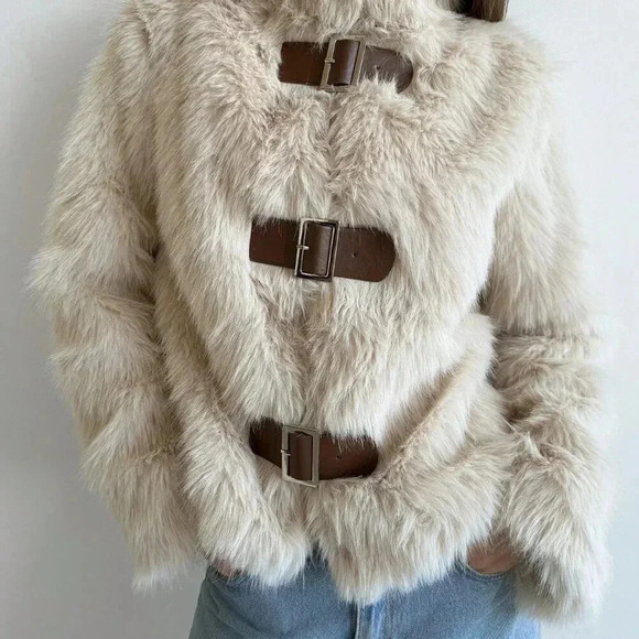 Apricot Casual Women's Stand Collar Fitted Long Sleeve Fluffy Button Jacket - Picture 2 of 9